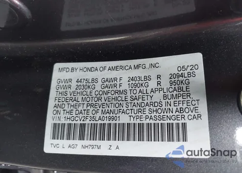 2020 Honda Accord Sport 2.0T from USA, damaged, VIN 1HGCV2F35LA019901